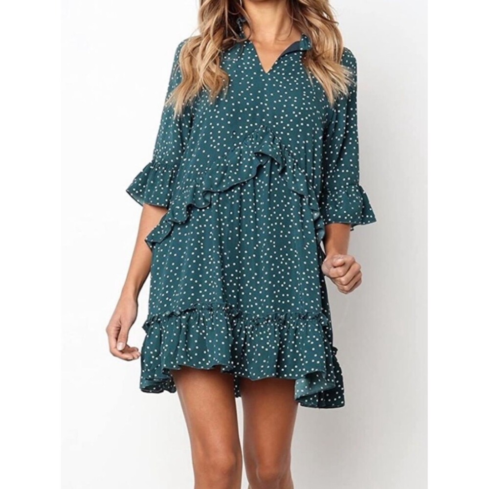 Dark green/dark teal with white polka dot ruffle peplum flowy slip on dress Sz S
